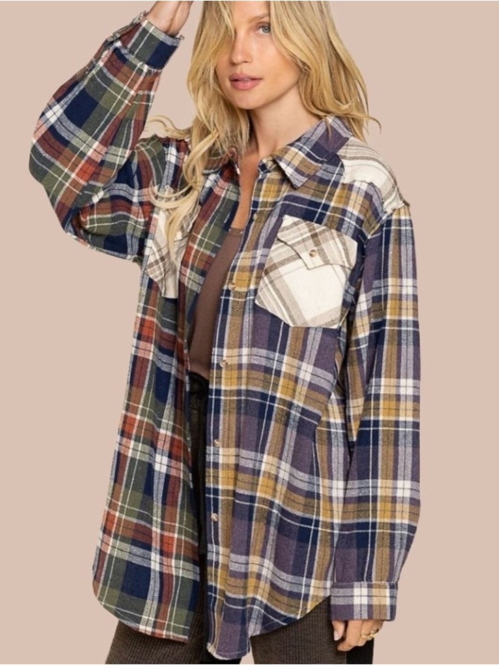 POL Oversized Plaid Button-Down Shirt Jacket - Navy, Olive, Rust, Mustard, Cream